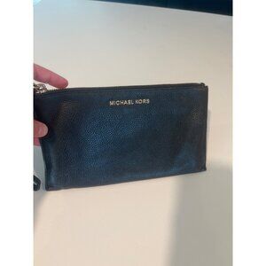 Michael Kors Black Leather Wristlet Pouch With Gold-Tone Zipper Closure